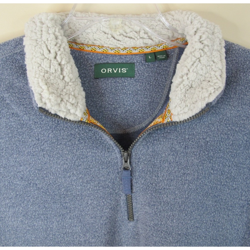Orvis 1/4 Zip Blue Pullover Fleece Sweater Sherpa Lined‎ Collar Men's Large